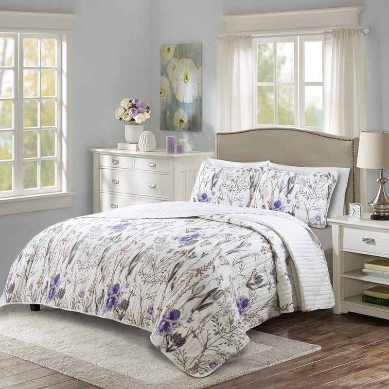 Lush Decor Adalia Reversible Cotton Quilt Queen Size 3 Piece Set Full/Queen Purple & Gray - Floral Bedding Set Queen Quilt - Purple Quilts - Image 1